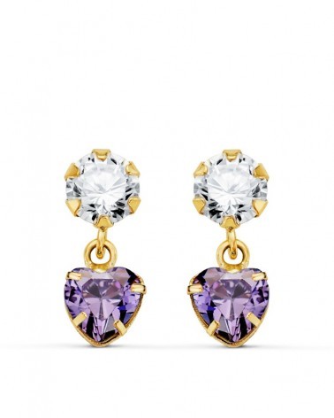 Pendientes oro 18k circonita amatista corazón colgantes