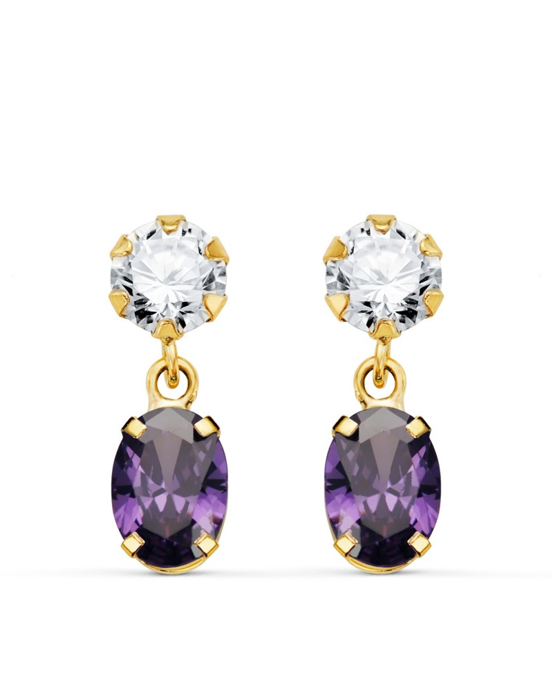 Pendientes oro 18k circonita y amatista ovalada
