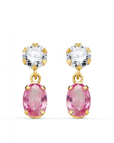 Pendientes oro 18k dos cuerpos circonita piedra rosa 16mm