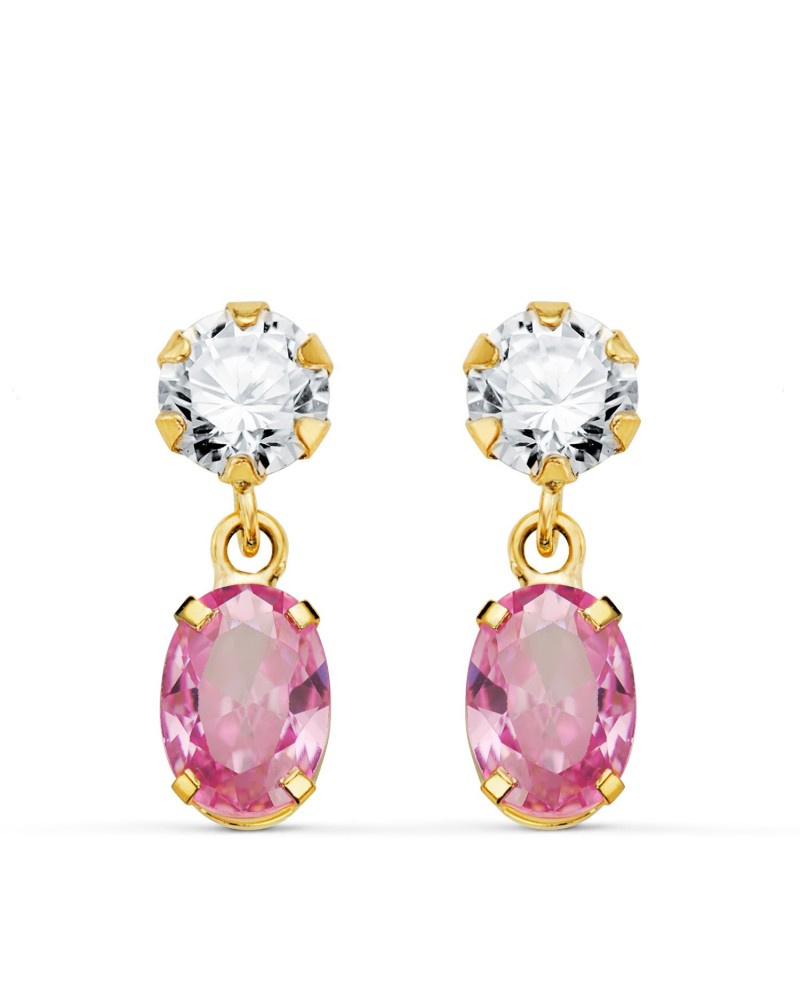 Pendientes oro 18k dos cuerpos circonita piedra rosa 16mm