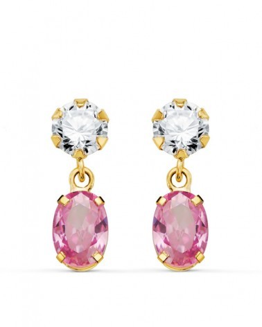 Pendientes oro 18k dos cuerpos circonita piedra rosa 16mm