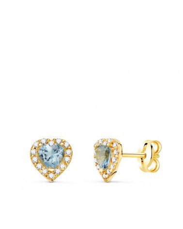 Pendientes oro 18k corazón circonita aguamarina 6,5mm