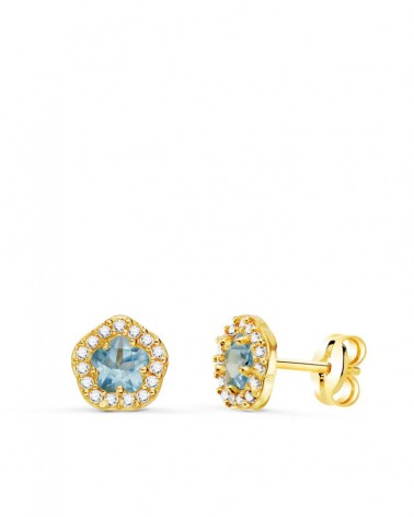 Pendientes oro 18k flor circonita agua marina 7x6,5mm