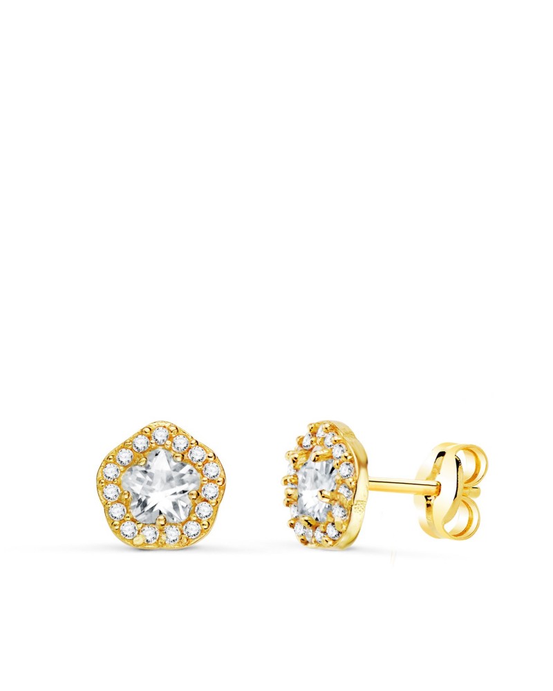 Pendientes oro 18k flor circonita cierre presión