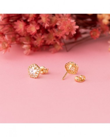 Pendientes oro 18k flor circonita cierre presión
