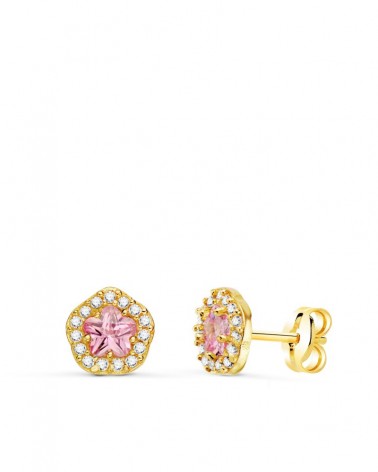Pendientes oro rosa 18k flor circonita piedra rosa 7x6,5mm