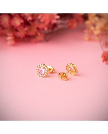Pendientes oro rosa 18k flor circonita piedra rosa 7x6,5mm
