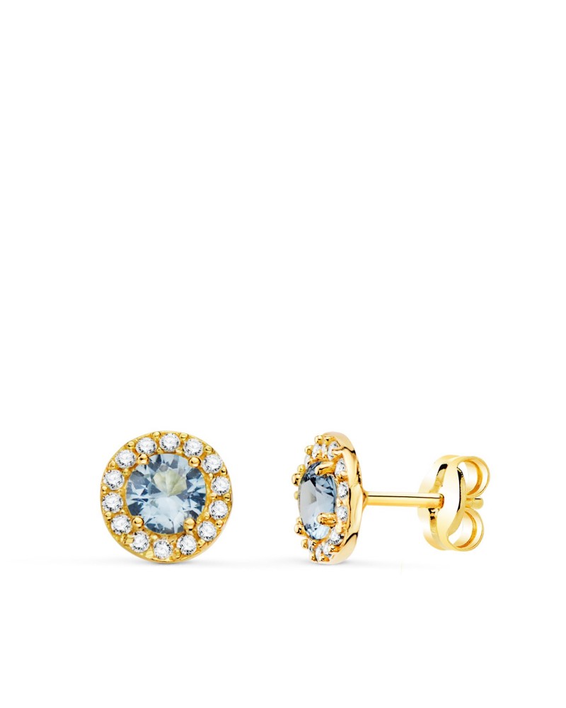 Pendientes oro 18k redondos circonita agua marina 6,5mm