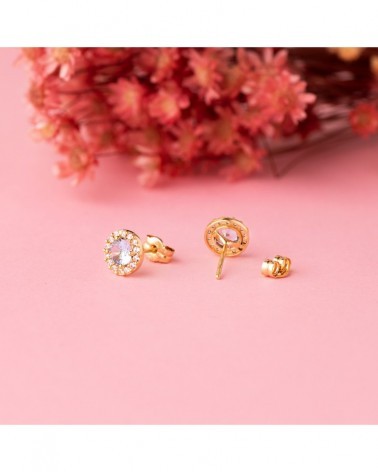 Pendientes oro 18k redondos circonita agua marina 6,5mm