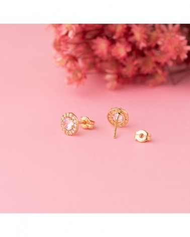 Pendientes oro rosa 18k redondos turquesa circonita 6,5mm