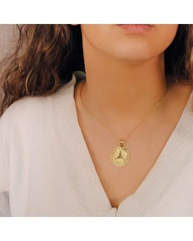 Medalla oro 18k estrella tres puntas greca calada 27mm