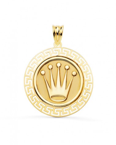 Medalla oro 18k corona con greca calada 27mm