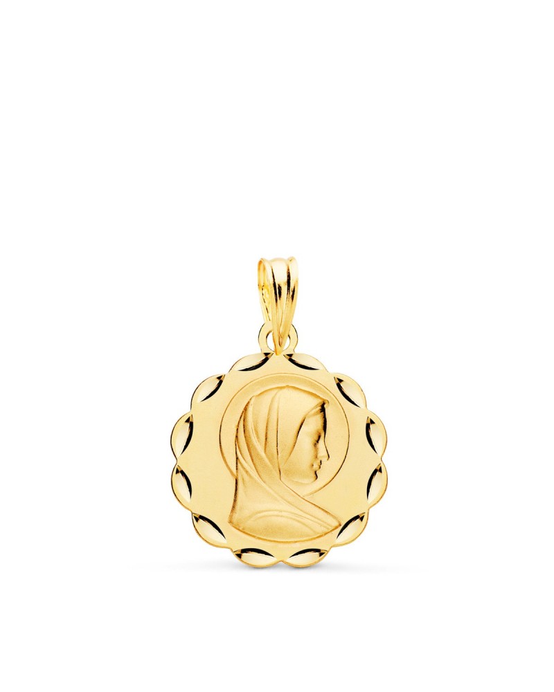 Medalla oro 18k Virgen María matizada tallada 17mm