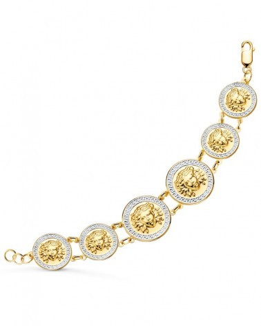 Pulsera oro 18k bicolor medallones medusa 20,5 cm