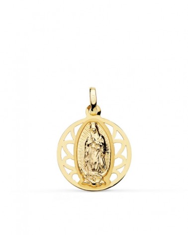 Medalla oro 18k Virgen de Guadalupe cerco calado 18mm