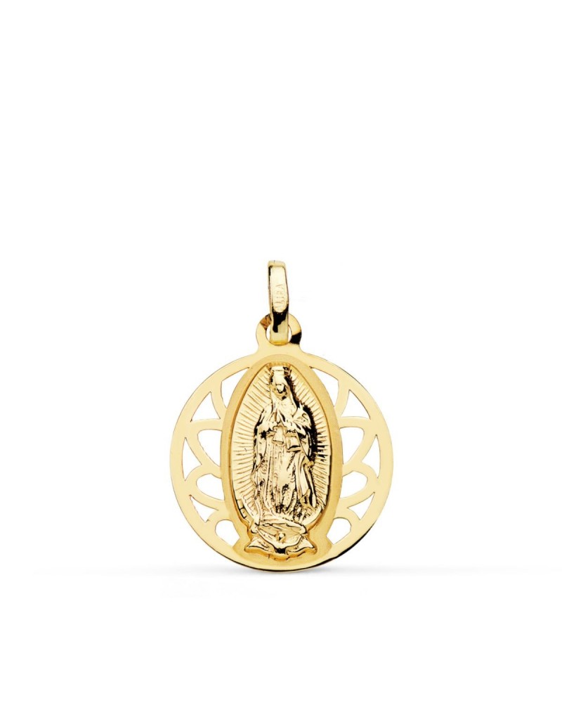 Medalla oro 18k Virgen de Guadalupe cerco calado 18mm