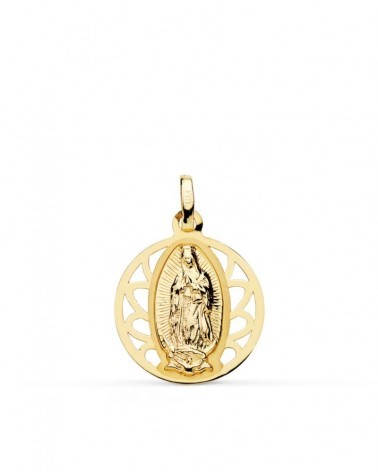 Medalla oro 18k Virgen de Guadalupe cerco calado 18mm