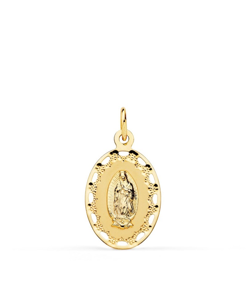 Medalla oro 18k Virgen de Guadalupe cerco calado 23x14 mm