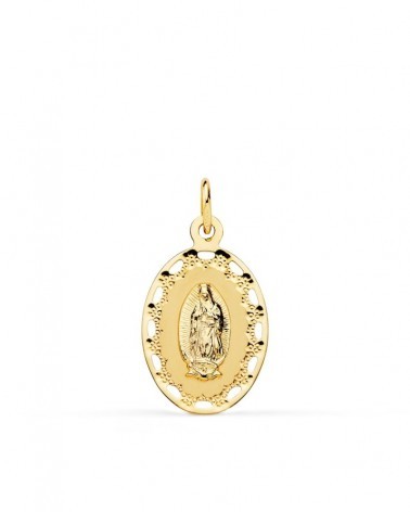 Medalla oro 18k Virgen de Guadalupe cerco calado 23x14 mm