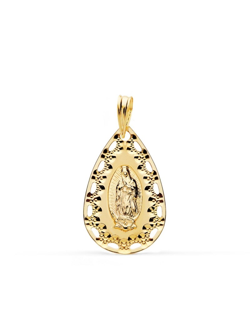 Medalla oro 18k Virgen de Guadalupe cerco calado 22x14mm