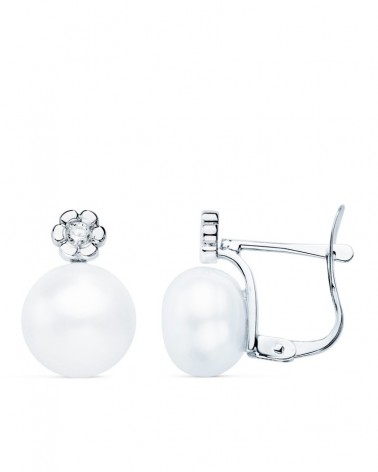 Pendientes oro blanco 18k perla y diamante laboratorio