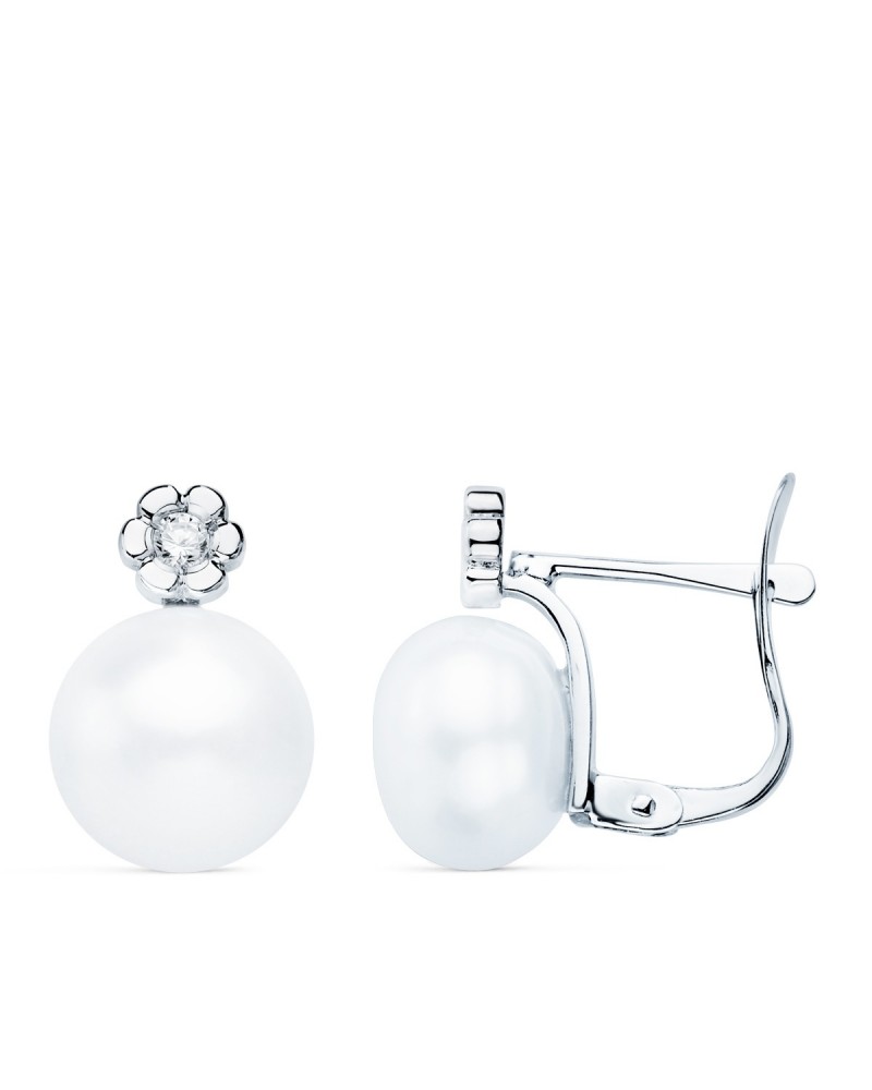Pendientes oro blanco 18k perla y diamante laboratorio