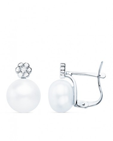 Pendientes oro blanco 18k perla y diamante laboratorio
