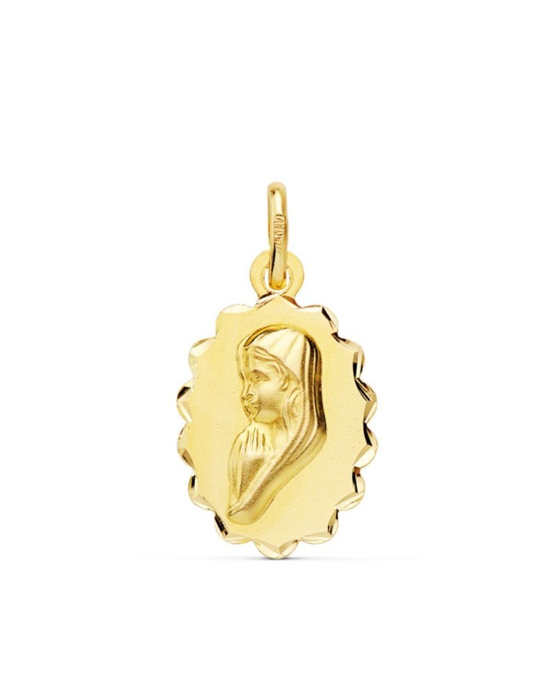 Medalla oro 18k Virgen Niña oval borde tallado 16x12mm