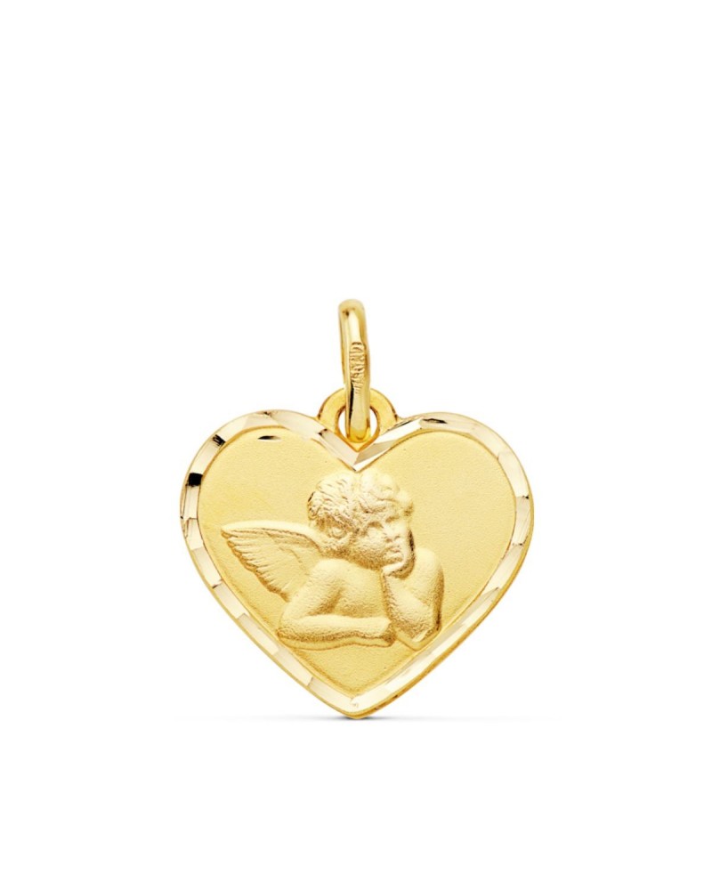 Medalla oro 18k corazón angelito borde tallado 14mm