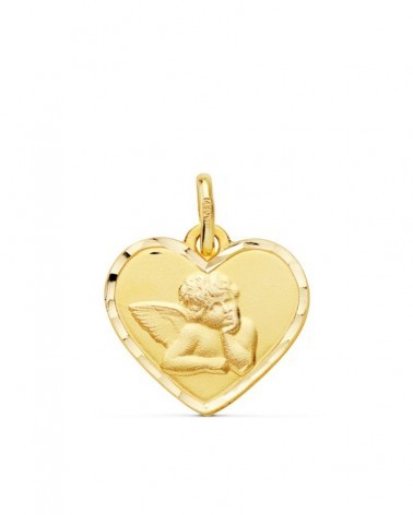 Medalla oro 18k corazón angelito borde tallado 14mm
