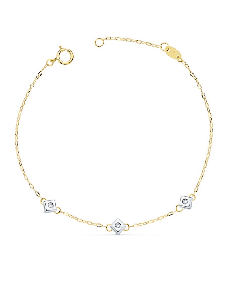 Pulsera oro 18k bicolor rombos diamante laboratorio 17cm