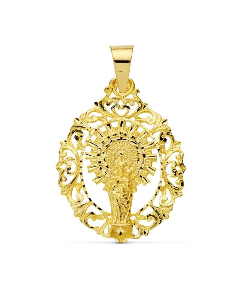Medalla oro 18k Virgen del Pilar orla calada 39x30mm