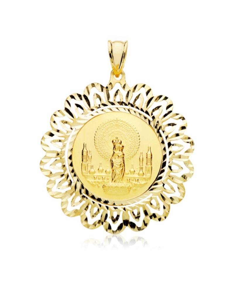 Medalla oro 18k Virgen del Pilar cerco tallado 22mm
