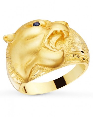 Sello oro 18k amarillo puma con zafiro natural 18mm