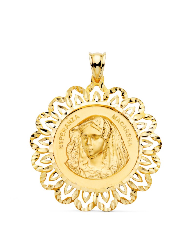 Medalla oro 18k Virgen Macarena cerco tallado 34mm