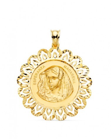 Medalla oro 18k Virgen Macarena cerco tallado 34mm
