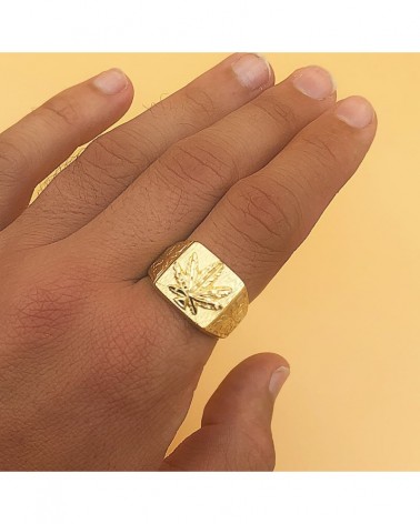 Sello oro 18k hoja marihuana grabada 15x14mm
