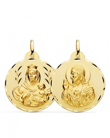 Escapulario oro 18k Virgen del Carmen y Corazón de Jesús 26 mm