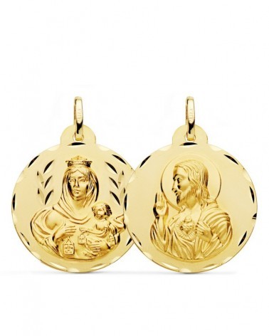 Escapulario oro 18k Virgen del Carmen y Corazón de Jesús 26 mm