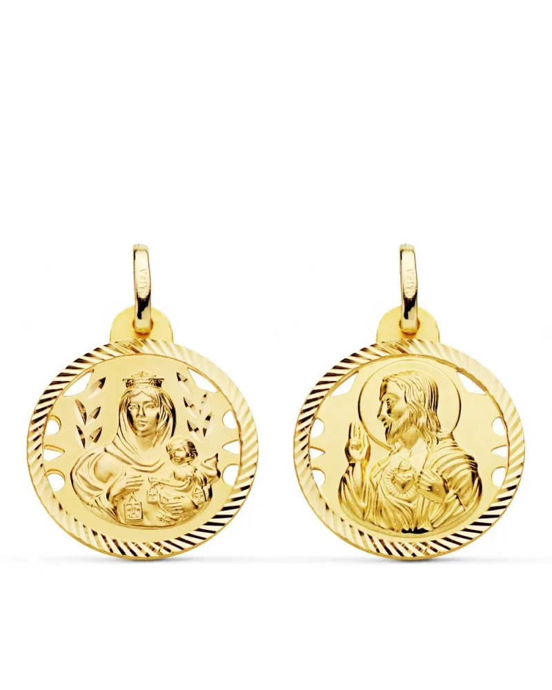 Escapulario oro 18k Virgen del Carmen y Sagrado Corazón 20 mm