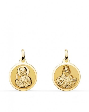 Escapulario oro amarillo 18k Virgen del Carmen y Corazón Jesús 14mm