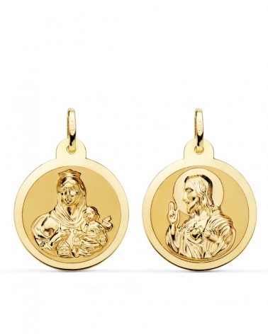 Escapulario oro 18k Virgen del Carmen y Corazón de Jesús 22 mm
