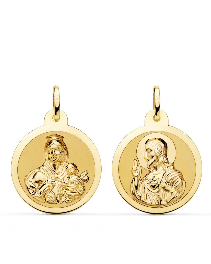 Escapulario oro 18k Virgen del Carmen y Corazón de Jesús 22 mm
