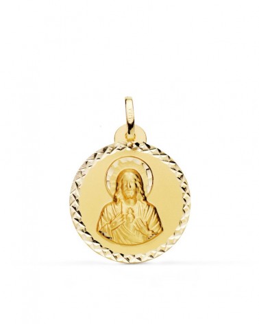 Medalla oro 18k Sagrado Corazón de Jesús talla cruzada 22mm