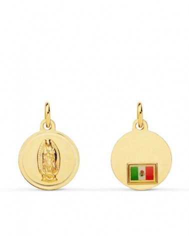 Medalla oro 18k Virgen de Guadalupe bandera México 16mm