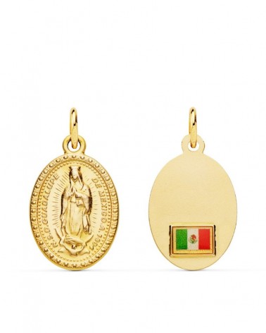Medalla Virgen de Guadalupe oro 18k oval con bandera México