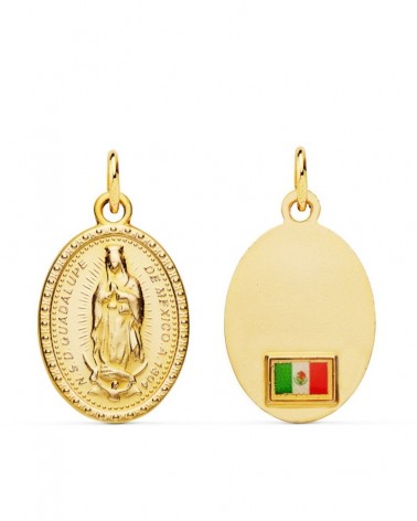 Medalla oro 18k Virgen de Guadalupe oval con bandera 20x15mm