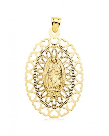Medalla Virgen de Guadalupe oro 18k oval cerco corazones