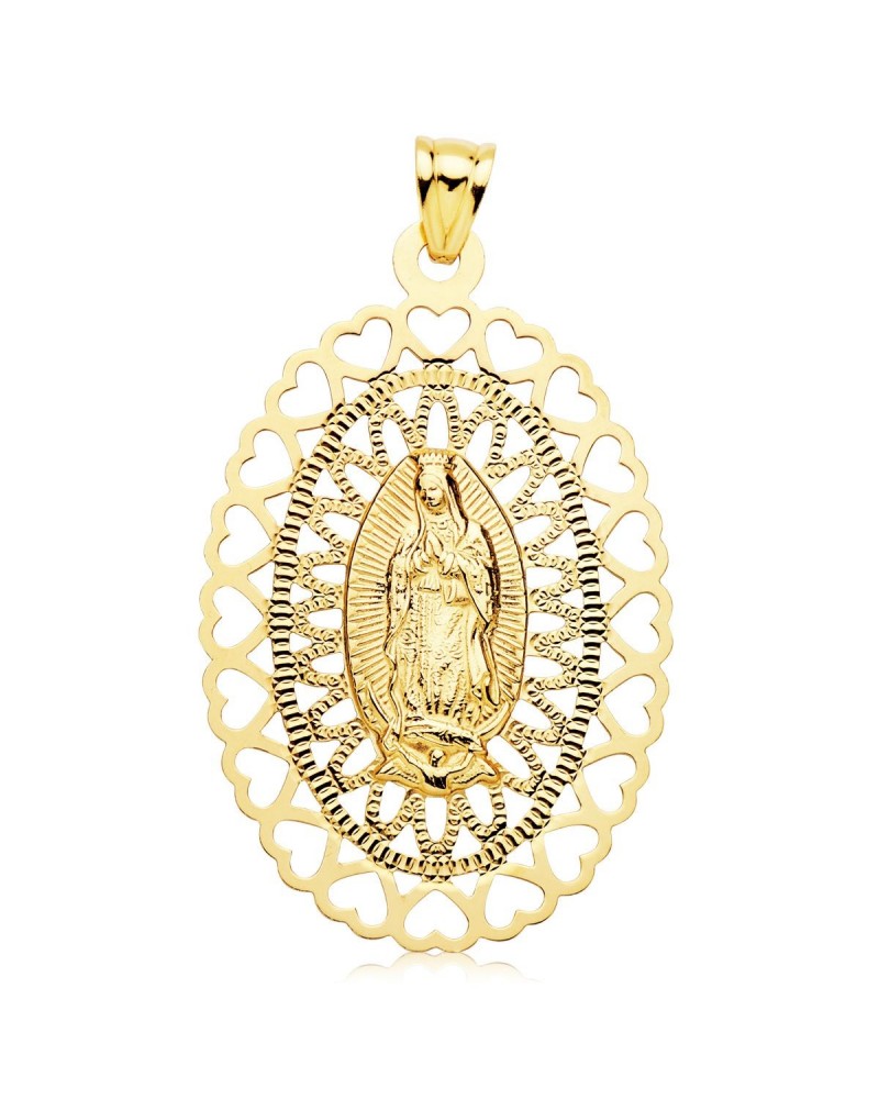 Medalla Virgen de Guadalupe oro 18k oval cerco corazones