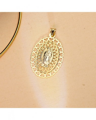 Medalla Virgen de Guadalupe oro 18k oval cerco corazones